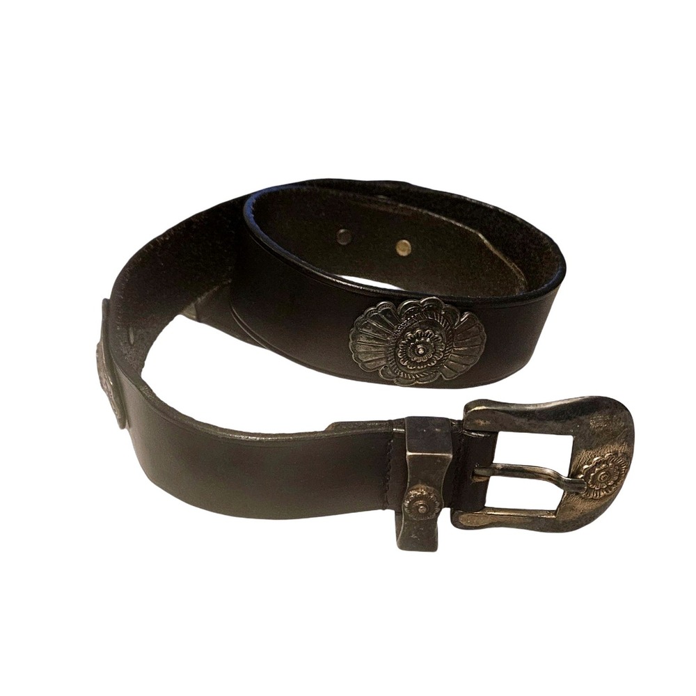 Vintage Black Leather Western Concho Belt Silver Floral Buckle Boho 37 Inch - Picture 2 of 4